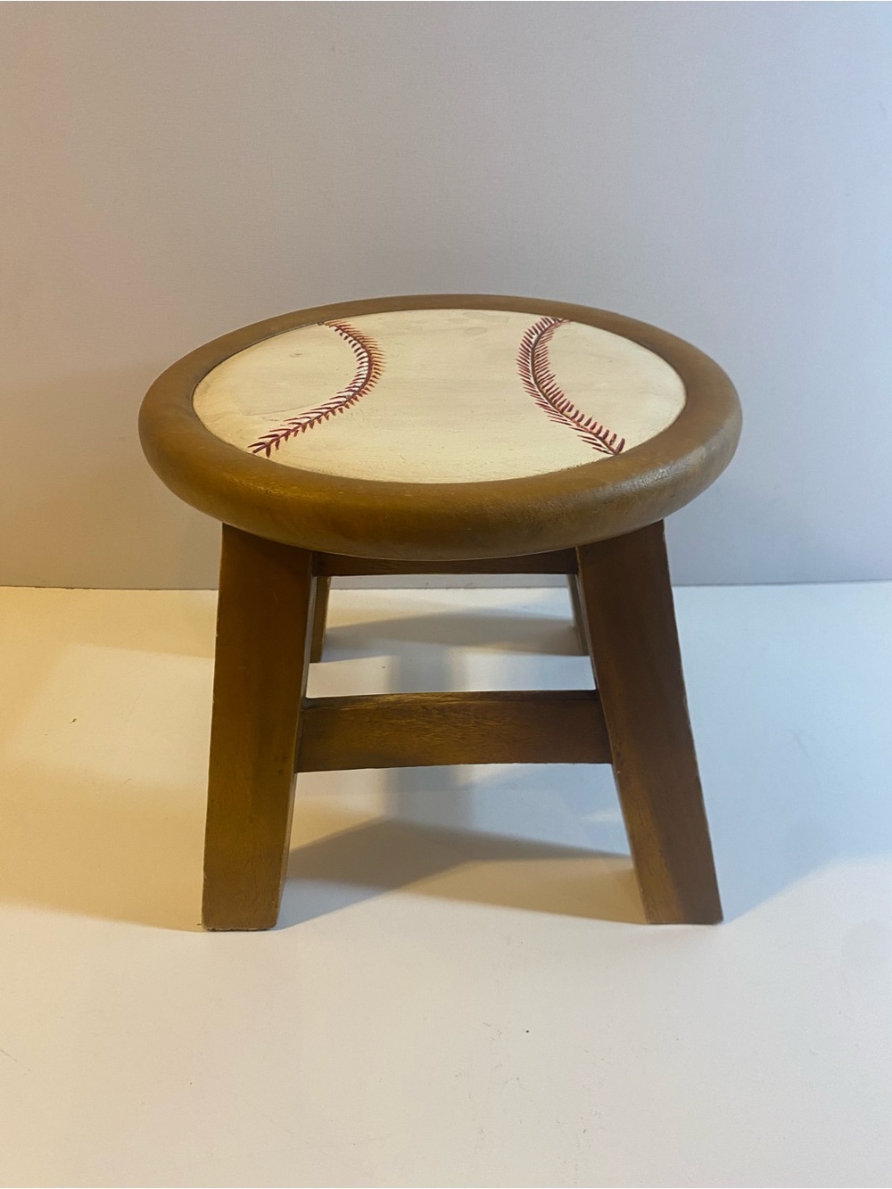 Rustic Children's Carved Wooden Hand Painted 2-D Baseball Nursery 4 Legged Stool